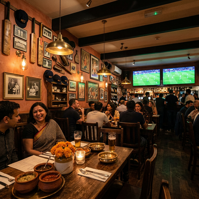 K's Lounge interior – warm terracotta walls with cricket memorabilia and big screens